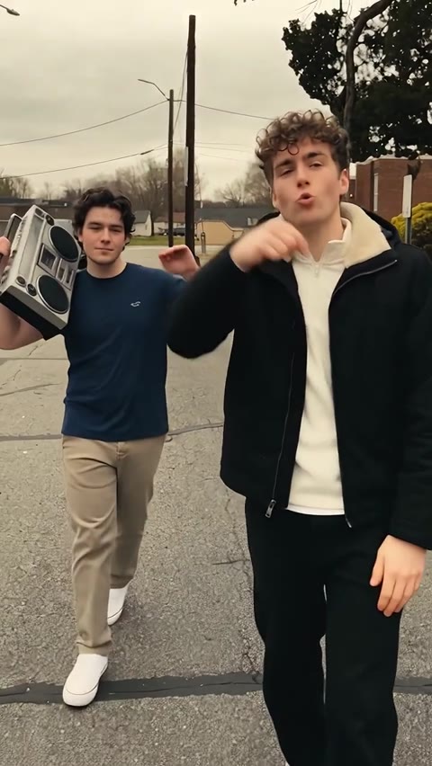 Boombox Rap AI lead gesturing toward the camera as his partner raises the boombox