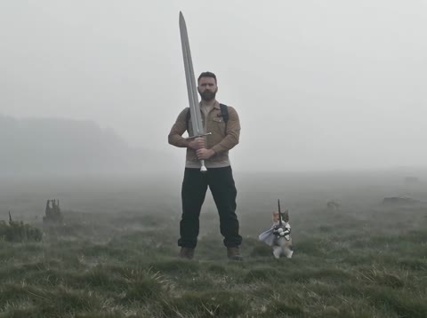 Cat Knight AI Video ending with a man and tiny knight on a misty grassland