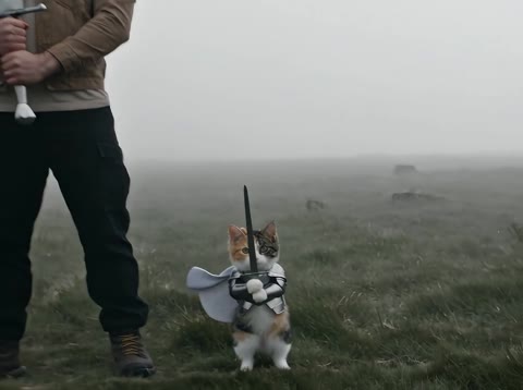 Cat Knight AI Video middle view showing the small armored cat beside its human companion