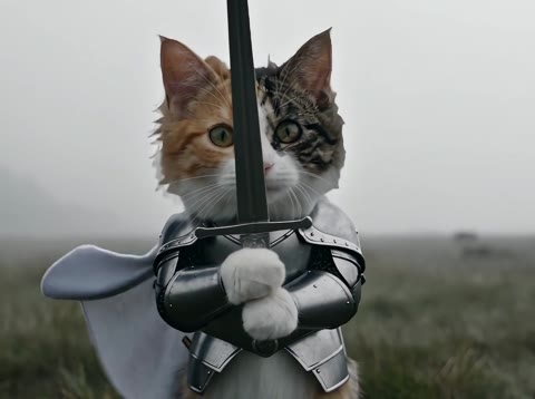 Cat Knight AI Video opening with the armored cat gripping the sword hilt