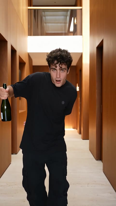Popstar AI Video opening with the performer leaning forward and holding a green bottle