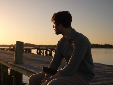 Raindance AI opening with a side view of the man seated beside the water