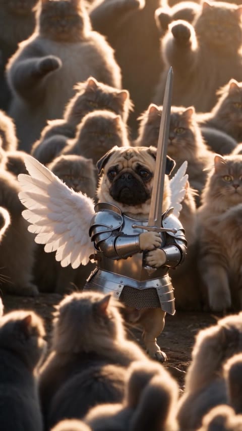 Closed on Sunday AI winged pug tilting its head as cats gather around
