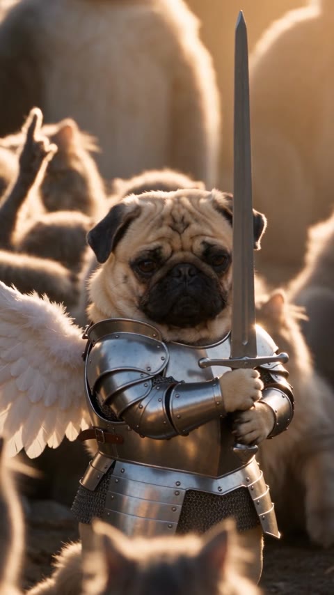 Closed on Sunday AI armored pug holding its sword amid raised cat paws