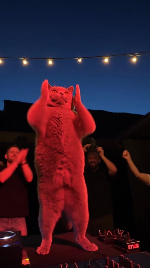 Tecktonik Dance AI opening with the cat holding both paws beside its head