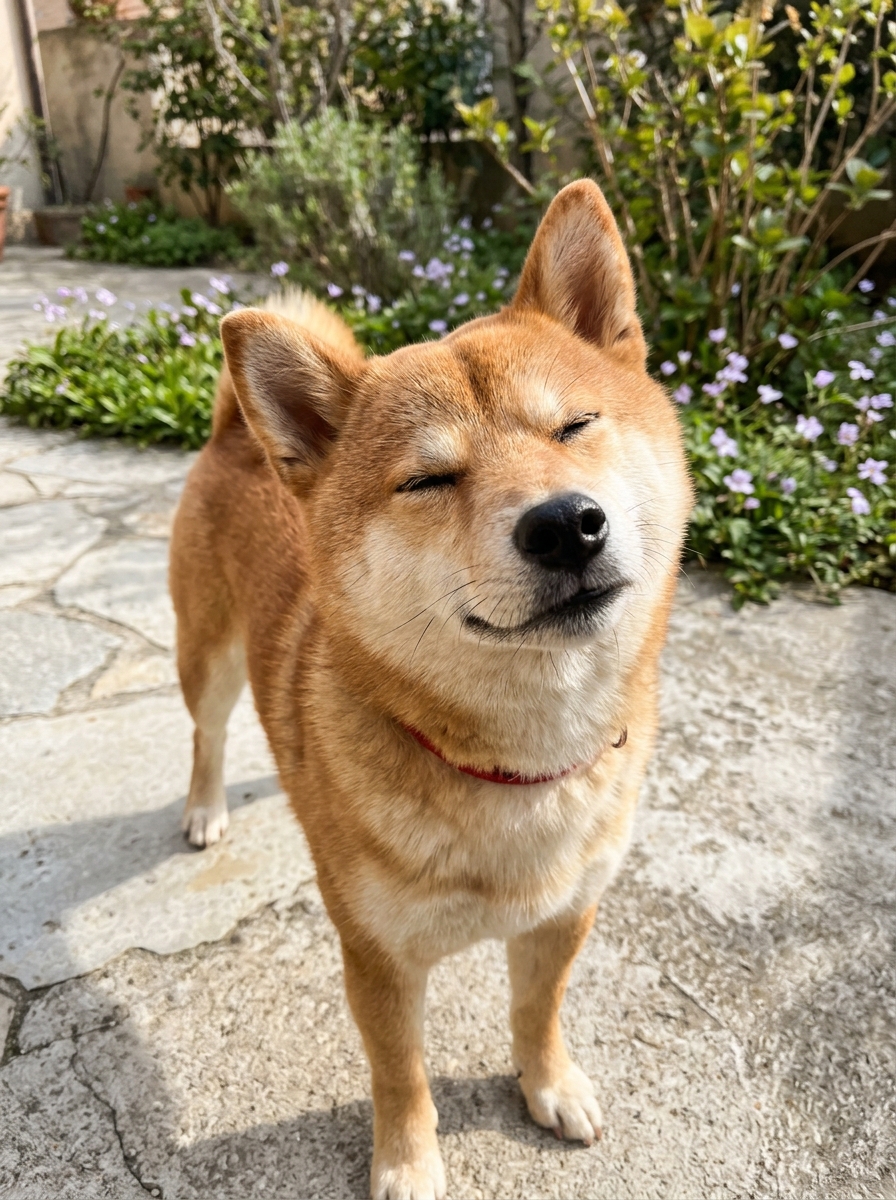 Tan dog standing on a garden path, pet portrait input for Bad Times AI