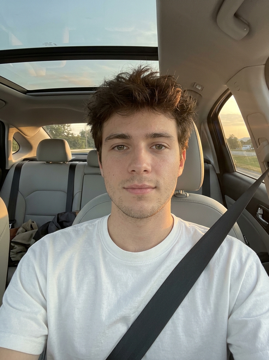 Man in a white shirt wearing a seat belt, input portrait for Burning Bridges AI