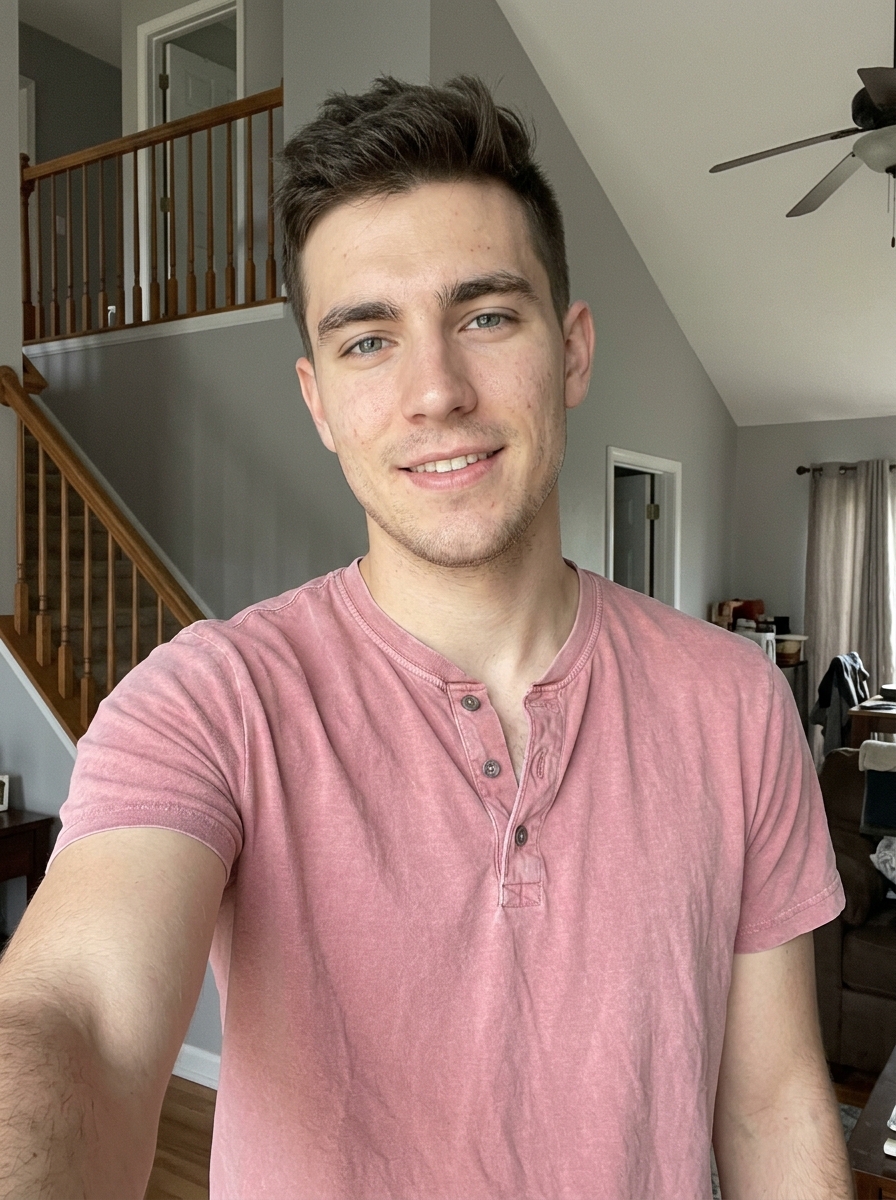 Man in a pink shirt taking a selfie near a staircase, Crazy Frog Chase input