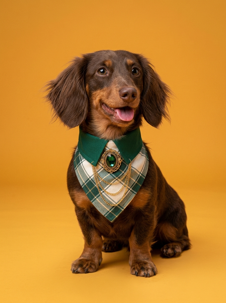 Brown dog wearing a green plaid scarf against an orange background, Singing Dog input